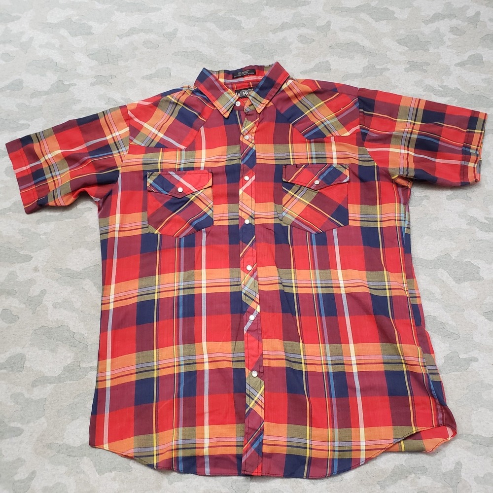 Vintage Lamarque Shirt Mens Large Red Pockets Pearl Snap Short Sleeve‎ Plaid